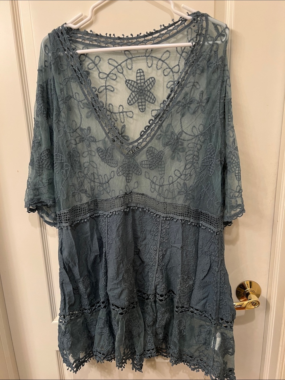 Blue Lace Bathing Suit Coverup with Crochet Trim